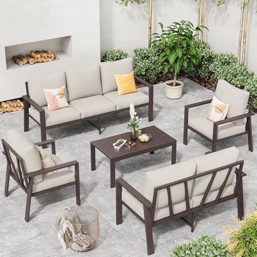 5-Piece Aluminum Patio Conversation Sets All-Weather Outdoor Furniture Sectional Sofa Modular Patio Set with 4'' Cushion Removable Covers for Porch Poolside Deck Balcony Yard by VonzoyHome