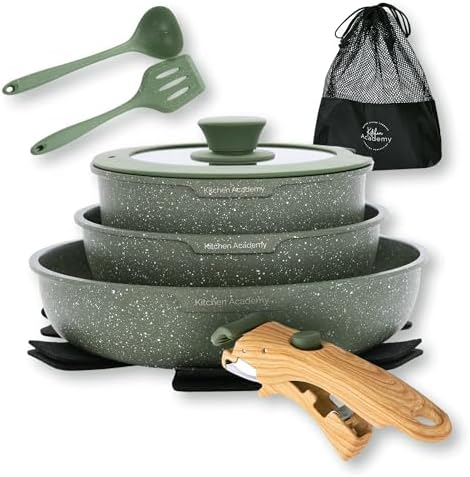 Kitchen Academy Removable Handle Pots and Pans Set - 10 Pieces Green Cookware Set with Removable Handle, RV Induction Cookware Set for Camp by KITCHENACADEMYBETTERLIVINGTHROUGHCOOKINGPERFECTION