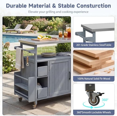 Christopher Knight Home Edsel Outdoor Bar Cart with Stainless Steel Top and Lockable Wheels, Solid Wood Outdoor Storage Cabinet, Kitchen Island Serving Cart for Poolside, Garden, Blue Gray - Image 4