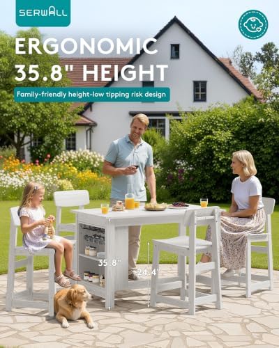 SERWALL Outdoor HDPE Counter-Height Bar Table with Storage Rack, White - Image 5