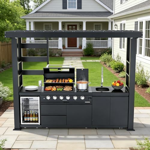 110" Outdoor Kitchen Island with 4-Burner 72000 BTU,Heavy-Duty Natural Gas Grill with Side Burner,Rotisserie Oven,Galvanized Steel Roof,Granite Countertops,Refrigerator,Storage,Sink.(Natural Gas) - Image 3