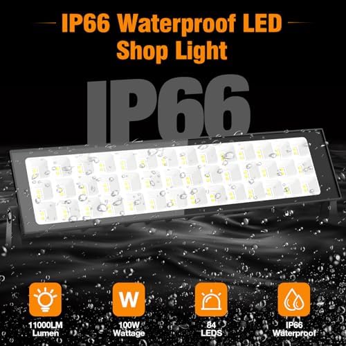 100W Led Shop Lights, 11000LM Shop Light for Workshop, IP66 Waterproof Garage Lights with Plug, 4.92ft Power Cord And On/Off Switch, 6500K Super Bright Led Work Light for Yard, Shop, Warehouse, 2 Pack - Image 6