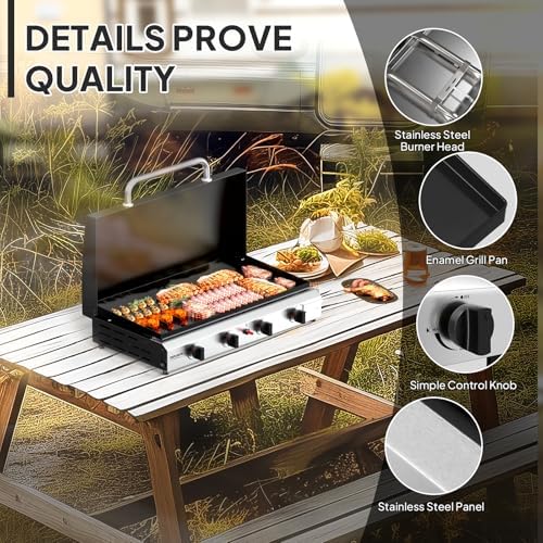 ROVSUN 4 Burner Portable Propane Griddle with Enameled Tray & Lid, 40,000 BTU Tabletop Flat Top Gas Grill with Electronic Ignition & Regulator for Outdoor Cooking Camping BBQ Tailgating - Image 5