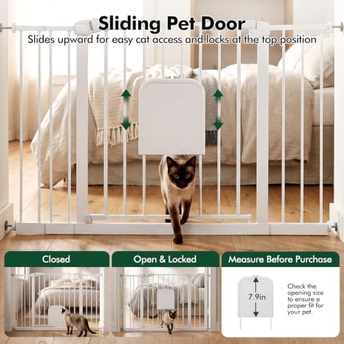 31-46“ Metal Pet Gate with Cat Door, Auto Close,Matte White - Image 3