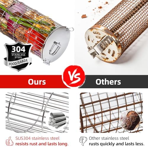 Rolling Grill Basket, SUS304 Stainless Steel, Removable Wooden Handle, Round Cylinder BBQ Grilling Basket, Outdoor Cooking Griller, Smoker Accessories for Vegetable, Gifts for Men Dad - Image 2