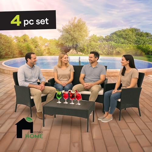 EconoHome 4-Piece Outdoor Patio Furniture Set - Patio Set with 2 Rattan Chairs, 1 Loveseat & 1 Glass -Top Coffee Table - Weather-Proof Wicker with Cushions - Conversation Set for Porch, Balcony, Lawn - Image 2