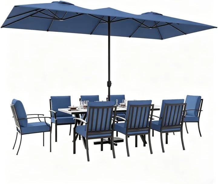 ALAULM 9-Piece Patio Dining Set with 14FT Patio Umbrella,Outdoor Dining Set with 8 Metal Chairs & Rectangle Table with1.5 Umbrella Hole, Patio Dining Table and Chairs for Backyard,Poolsid-DarkBlue - Image 6
