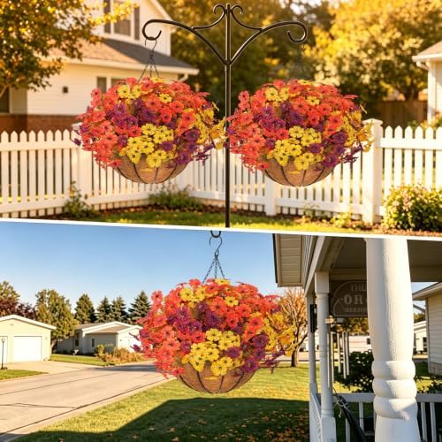 2 Set Artificial Fall Hanging Flower Baskets for Outdoor Autumn Decor - Image 3