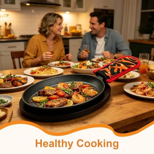 DVK Cast Iron Fajita Plate Set Pre-Seasoned Fajita Skillet with Wooden Base Anti Scald Mitt Sizzling Plate for Grill Stove Oven Home BBQ Restaurant Catering - Image 2