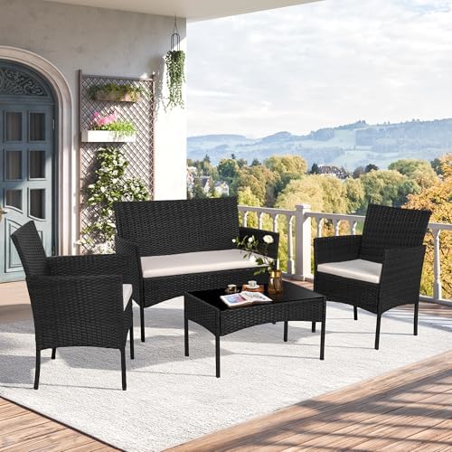 Shintenchi 4 Piece Outdoor Patio Furniture Sets, Small Wicker Patio Conversation Furniture Rattan Chair Set with Tempered Glass Coffee Table for Backyard Porch Garden Poolside Balcony,Black by Shintenchi%7CFurnitureMadeforRealLife