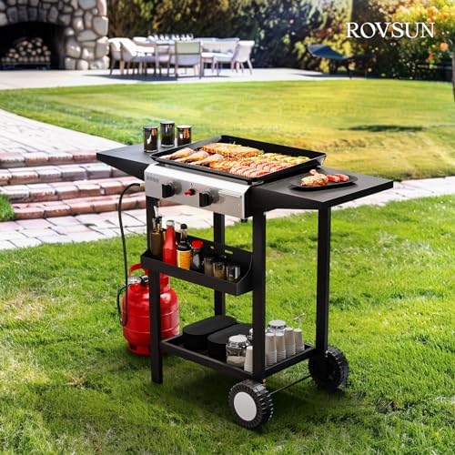 ROVSUN 2 Burner Portable Propane Griddle with Electronic Ignition, 20000 BTU Rolling Flat Top Gas Grill with Nonstick Enameled Tray, Side Shelves & Regulator for Outdoor Cooking Camping BBQ Tailgating - Image 7