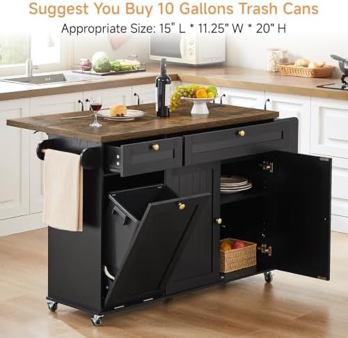 ONBRILL 60" Kitchen Island with Trash Can Storage, Rolling Island Table - Image 6