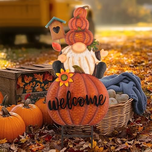TERESA'S COLLECTIONS Fall Outdoor Decor, Gnomes Decorations for Yard, Metal Pumpkin Fall Garden Decorations, Welcome Signs Stakes, Thanksgiving Orange Autumn Decor for Lawn Patio, 23" - Image 2