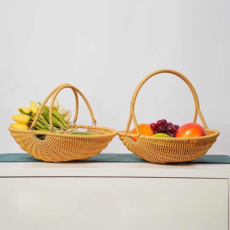 Plastic Imitation Rattan Woven Hand Basket Outdoor Picnic Picking Vegetables and Fruits Kitchen Living Room Egg Snack Basket (Yellow2,29.5x24.5cm) - Image 5