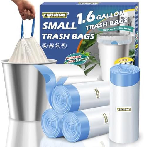 1.6 Gallon Mini Trash Bags Drawstring, Unscented, White, 120 Count by TFORING%C2%AE