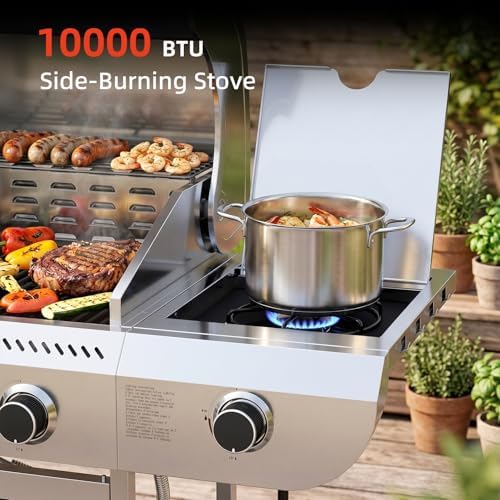 COWSAR 4-Burner Gas Grill, 42000 BTU BBQ Grill, Stainless Steel Barbecue Grill with Side Burner, Enameled Cast Iron Grill, Pull-Out Oil Tray, Suitable For Outdoor, Backyard Barbecues - Image 4