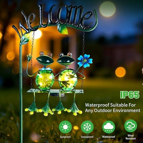 HONGLAND Solar Lights Outdoor Waterproof, Frog Swing Garden Decor, Frog Decorative Stake with Welcome Sign Landscape Patio Yard Gifts for Women Mom (48 inch) - Image 4