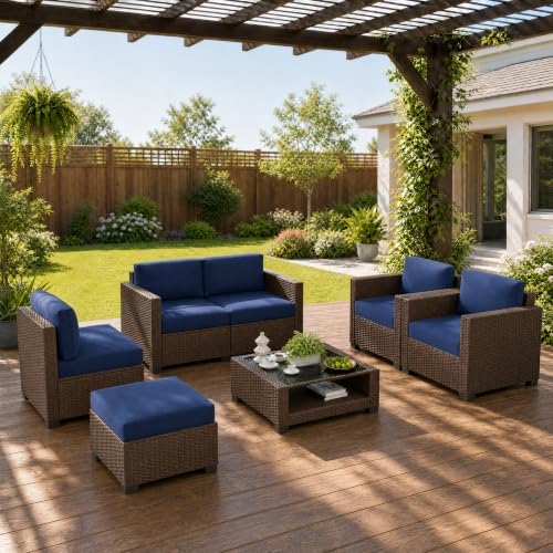 LOUVIXA 7 Piece Outdoor Patio Furniture Set, Rattan Chairs Glass Table Wicker Conversation Seating Sectional Sofa with Cushions (Brown-Navy, 7Pcs-2 Layer Coffee Table) by LOUVIXA
