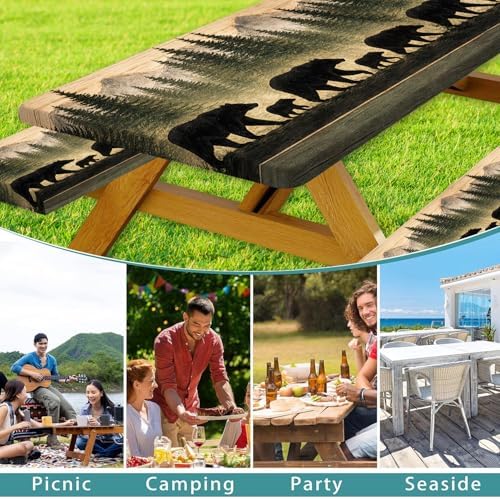 Picnic Table Cover with Bench Covers and Bag, Forest Mountain Bear Wooden Waterproof Windproof, Fitted Tablecloth Cover with Elastic Edge, for Indoor & Outdoor, Garden, Camping, 3 PCS 30x72 Inch - Image 4