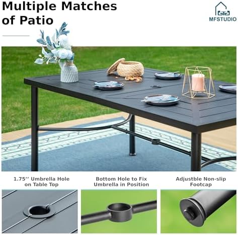 MFSTUDIO Patio Table for 6, 64" Black Metal Dining Table w/Umbrella Hole - Image 6