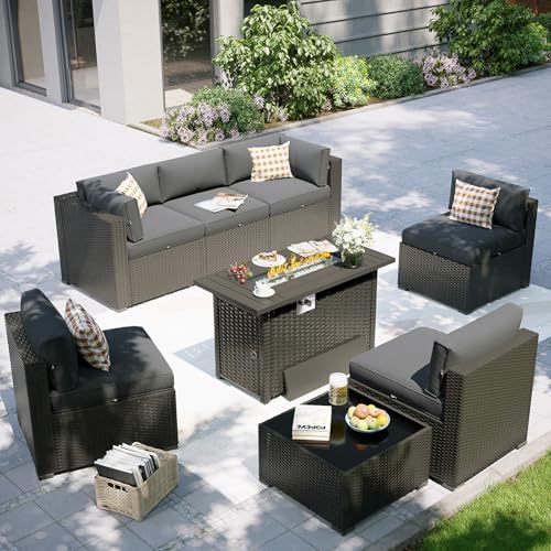 Aoxun Patio Furniture Set with Fire Pit Table, 8 Piece Outdoor Sectional Set, Wicker Rattan Outdoor Furniture with Thickened Cushion for Backyard, Garden Black by Aoxun