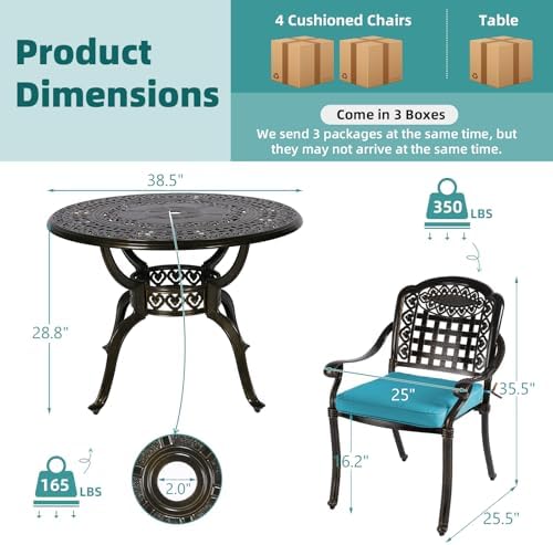 MEETWARM 5 Piece Patio Dining Set, Outdoor All-Weather Cast Aluminum Dining Table Set, Patio Furniture Set for Backyard Garden Deck, Include 4 Chairs, 4 Cushions and 1 Round Table, Ocean Blue - Image 5