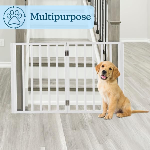 Pet Gate - 4-Panel Indoor Foldable Dog Fence for Stairs, Hallways or Doorways - 72x24-Inch Retractable Wood Freestanding Dog Gates by PETMAKER (White) - Image 4
