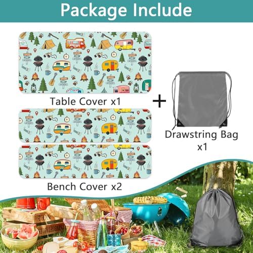 Camping Picnic Table Cover with Bench Covers and Bag, Camping Essentials, Waterproof Windproof Fabric, Fitted Tablecloth Cover with Elastic Edge, for Indoor & Outdoor, Garden, 3 PCS, 30x60 Inch - Image 6