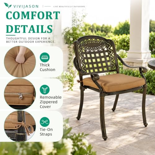 VIVIJASON 5-Piece Patio Furniture Dining Set, All-Weather Cast Aluminum Outdoor Conversation Set, Include 4 Cushioned Chairs and 1 Round Table w/Umbrella Hole for Balcony, Lawn, Garden, Backyard - Image 4