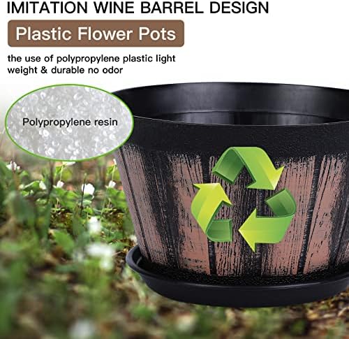 Quarut 8 inch Brown Plastic Whiskey Barrel Plant Pots Set of 4 with Drainage Holes and Saucer for Indoor and Outdoor Garden Home Plants - Image 3