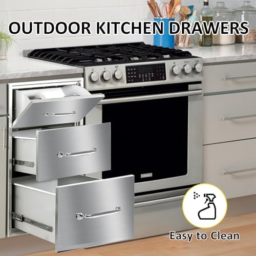 Outdoor Kitchen Drawers with Paper Towel Holder 17" W x 30"H Flush Mount BBQ Drawers with Chrome Handle,Stainless Steel Built-in Triple Access Drawers for Outdoor Kitchen Island, Patio Grill Station - Image 5