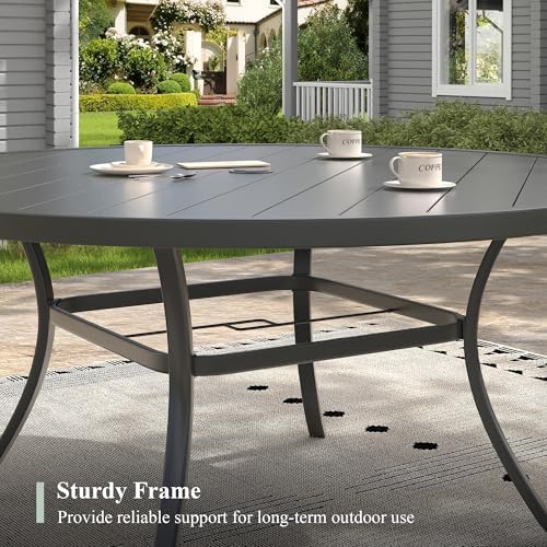 Outdoor Dining Table for 8, 60" Round Outdoor Table with Adjustable Umbrella Hole, All-Weather Metal Patio Dining Table for Lawn Garden Backyard Deck, Black - Image 6