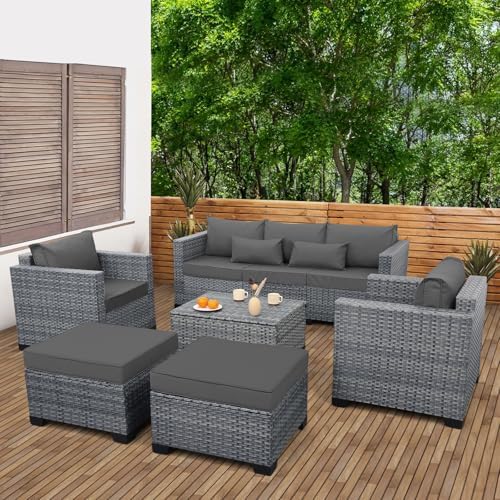 Lviden 6 Pieces Wicker Patio Furniture Sets Outdoor Conversation Set HDPE Rattan Sectional Sofa Couch with Storage Table and Non-Slip Cushions, Light Grey by Lvidenoutdoor