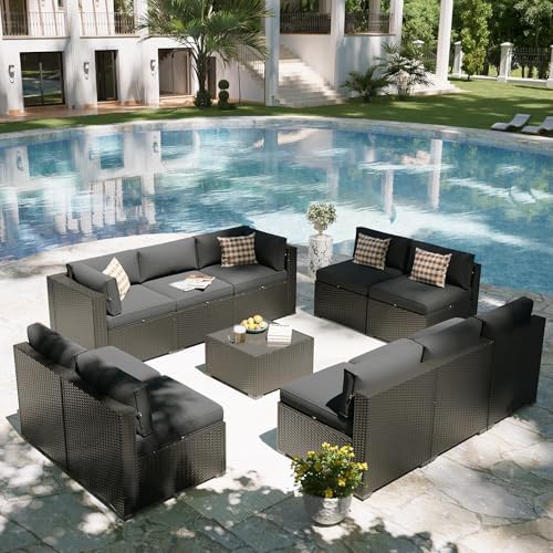 Aoxun Patio Furniture Set, 11 Piece Outdoor Sectional Sofas with Waterproof Cover, 10 Seats Wicker Rattan Outdoor Furniture Patio Conversation Set for Backyard, Garden Dark Grey - Image 5