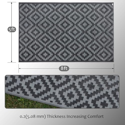 SAND MINE Waterproof Outdoor Rug 5x8 ft, Plastic Reversible Rug, Modern Area Rug, Large Floor Mat for Outdoors, RV, Patio, Backyard, Deck, Picnic, Beach, Camping, Black Grey Lattice - Image 2
