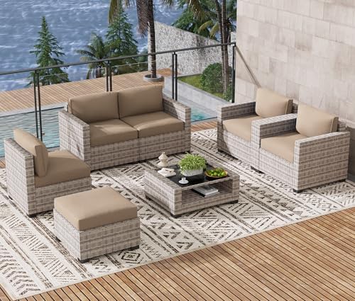 LOUVIXA 7 Piece Outdoor Patio Furniture Set, Rattan Chairs Glass Table Wicker Conversation Seating Sectional Sofa with Cushions (Grey White-Camel, 7Pcs-2 Layer Coffee Table) - Image 4