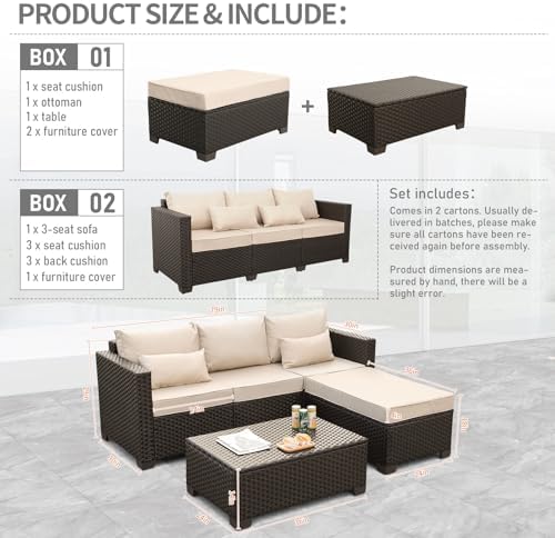 Oasishine 3 Pcs Patio Furniture Set Outdoor Sectional Wicker Patio Furniture Patio Couch Outdoor Storage Table with Lining All-Weather Non-Slip Cushions Waterproof Covers, Khaki - Image 5