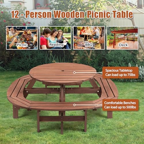QUAWIPRound Outdoor Wooden Picnic Table for 10-12 People for Deck, Backyard, Garden and DIY with 1 Built-in Circular Bench, 1500 lbs - Walnut Brown - Image 7