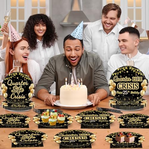96PCS 25th Birthday Party Paper Plates and Napkins Set for Happy Quarter Life Crisis Cake Dessert Plates Disposable Supplies Black Gold 25 Year Old Theme Tableware Set for Men Women Party Decorations - Image 6