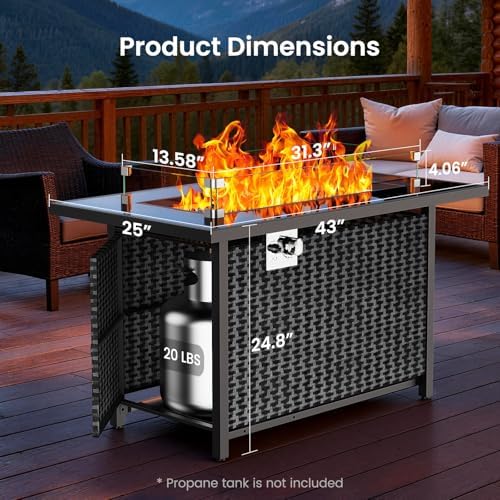 Ciays 43″ Propane Fire Pit with Glass Wind Guard, CSA-Listed 60,000 BTU Outdoor Gas Fire Pit Table, Tempered Glass Top, Glass Rocks,Lid, Adjustable Legs, Fire Table for Patio, Garden & Party, Black - Image 4