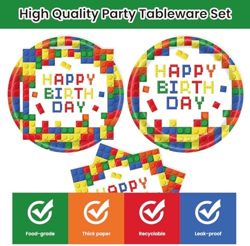 40Pcs Building Block Plates and Napkins Party Supplies, Disposable Colorful Building Block Birthday Party Plates Napkins Tableware Set for Boys Birthday Party Decorations Serve 20 (Building Block) - Image 3