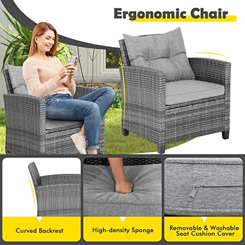 Tangkula 3 Pieces Patio Furniture Set, Outdoor PE Rattan Conversation Chair Set with Tempered Glass Side Table and Removable Cushions, PE Wicker Chairs and Table Set for Porch, Balcony and Garden - Image 6