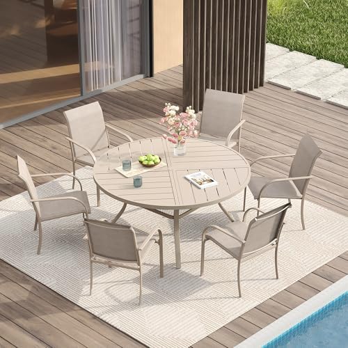 VICLLAX Patio Table and Chair Set of 6, All Weather Metal Round Outdoor Dining Furniture Set-47 Round Outdoor Table and Chairs, Sandshell Tabletop by HOME
