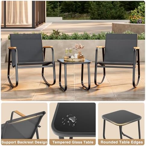 Ahomly 3 Pieces Patio Furniture Set Textilene Outdoor Rocking Set, Black - Image 5
