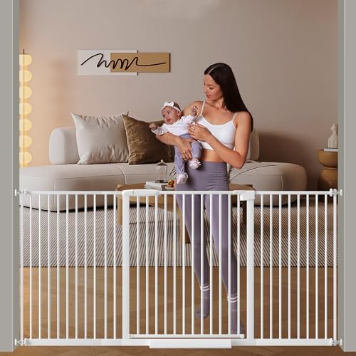 DEARBB Extra Wide Baby Gate Ultra Narrow Spacing 30.11-77.36" Pressure Mounted Double Lock Swing Auto Close Walk Through Metal Safety Pet Gate for Stairs and House Doorway Kitchen by DEARBB
