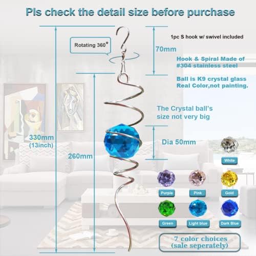 Fonmy Gazing Ball Spiral Tail -Decorative Wind Spinner Sun Catcher Rainbow Maker 11 inch Tail and 2 inch Peacock Blue Crystal Orb. Indoor Outdoor Garden Decoration -13 inch Height - Image 5