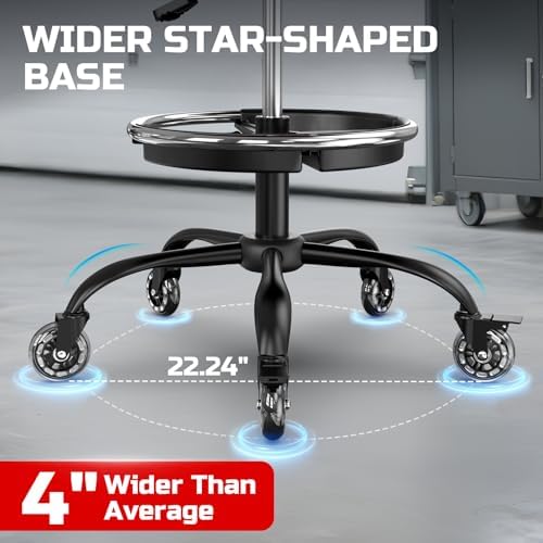 Rolling Shop Stool with Wheels, Garage Mechanic Stool Chair with Backrest, Height Adjustable Heavy Duty Swivel Task Chair, Adjustable Footrest with Storage Tray for Garage Kitchen Salon Tattoo (Red) - Image 5