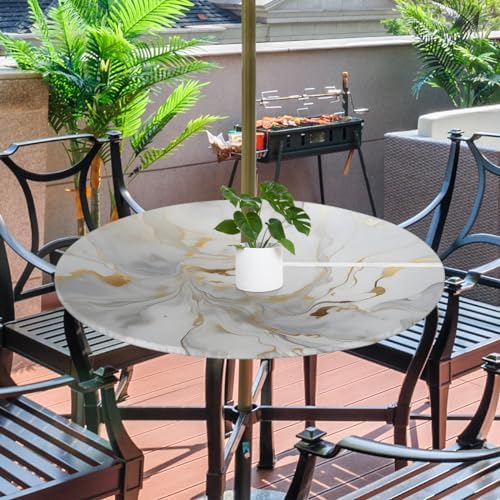 Fitted Round Tablecloth with Umbrella Hole and Zipper Marble Liquid Texture Outdoor Elastic Table Cloth 45"-56" Oil-Proof Waterproof White Gold Marble Patio Table Cover for Party Outdoor - Image 2
