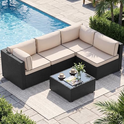 Shintenchi 5 Piece Outdoor Patio Furniture Set with Black PE Rattan, Khaki by Shintenchi%7CFurnitureMadeforRealLife