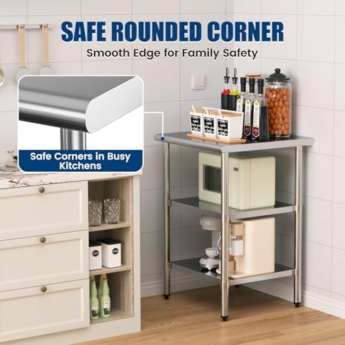 Stainless Steel Work Table 24 x 24 Inch with 2 Adjustable Undershelves, Heavy-Duty Metal Prep Table for Commercial Kitchen & Restaurant, Garage, Outdoor - Image 5
